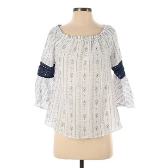 Neiman Marcus Women's Boho Blouse White-Boat Neck- 3/4 Bell Sleeve-Size Large - Picture 1 of 11